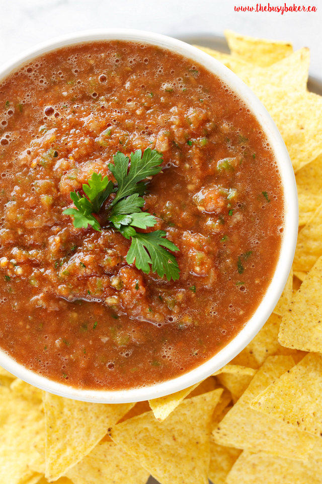 Easy Restaurant Style Blender homemade Salsa recipe is SO easy to make and perfect for dipping! www.thebusybaker.ca