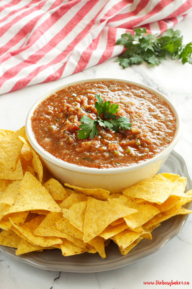 Easy homemade Restaurant Style Salsa is SO easy to make and perfect for dipping! www.thebusybaker.ca