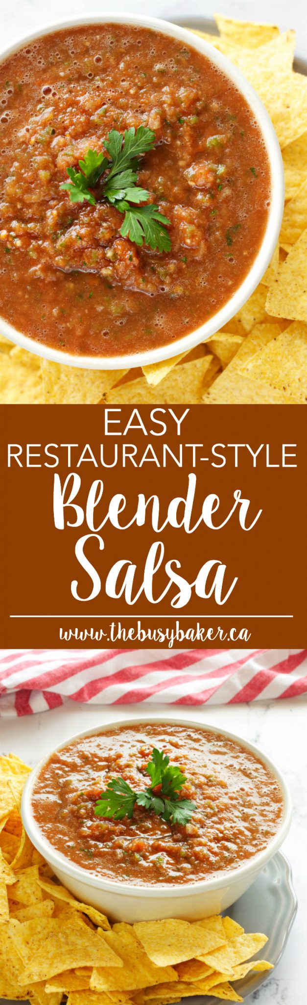 This Easy Restaurant Style Salsa recipe is a fresh homemade blender salsa that's perfect for serving with all your favourite Mexican foods! It's so easy to make - just throw the ingredients in the blender and serve! Recipe from thebusybaker.ca! #blendersalsa #homemadesalsarecipe #salsarecipe #easyhomemadesalsa #restaurantstylesalsa via @busybakerblog