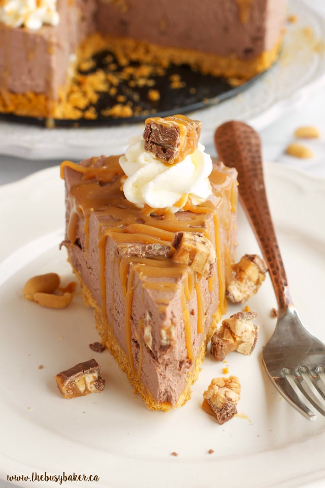 This Easy No Bake Snickers Cheesecake is the perfect easy to make decadent dessert! Recipe from www.thebusybaker.ca