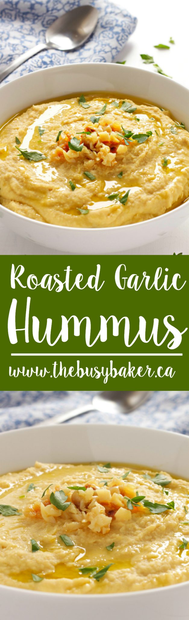 This Roasted Garlic Hummus is the perfect healthy snack or lunch. Make it easily in your blender or food processor with basic pantry staples! Recipe from thebusybaker.ca! via @busybakerblog
