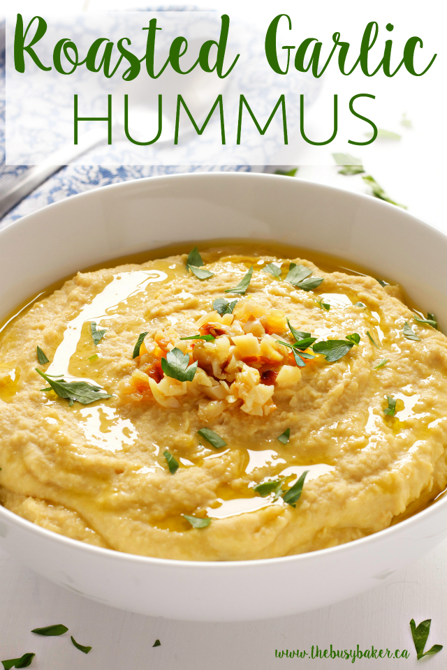 This Roasted Garlic Hummus is a healthy and delicious snack that's easy to make! Recipe from www.thebusybaker.ca