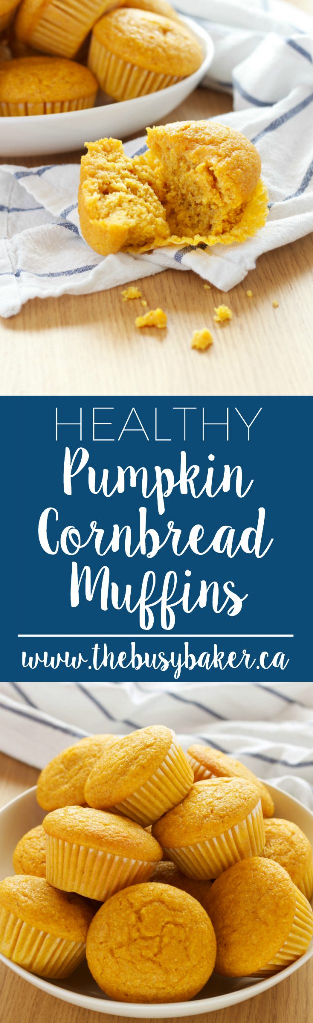 These Healthy Pumpkin Cornbread Muffins make a delicious easy to make snack, but they're best served alongside any soup, stew or chili! via @busybakerblog