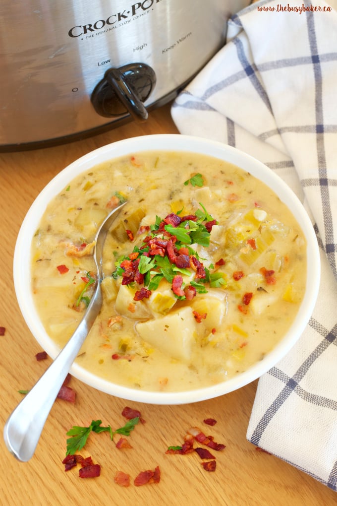 Potato and Leek soup topped with bacon