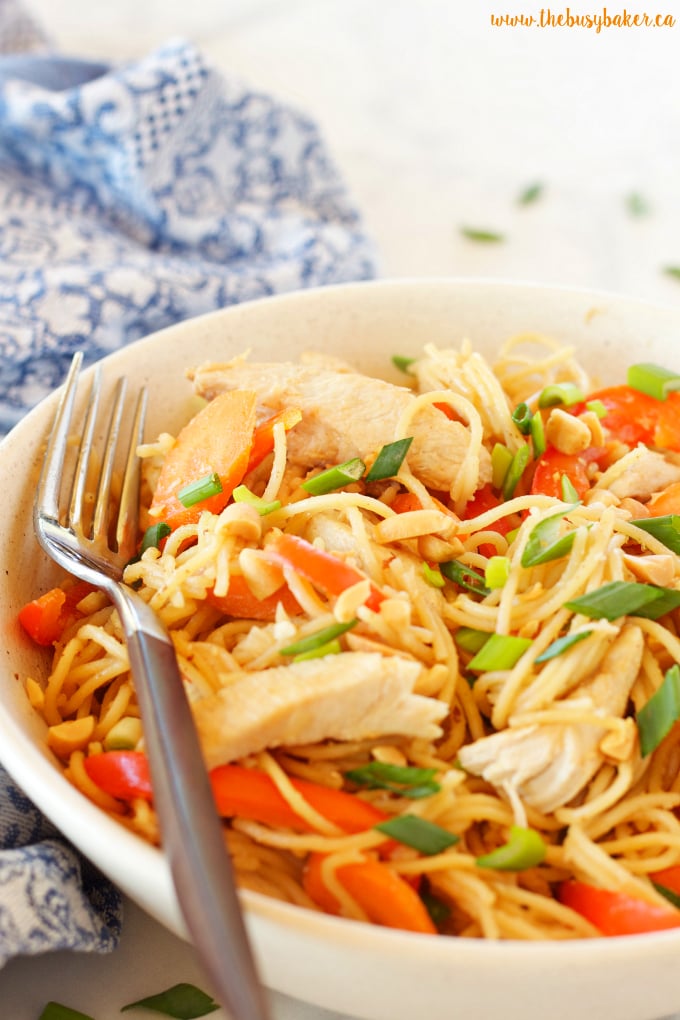 This Easy One Pan Kung Pao Chicken Pasta is a super easy Asian-inspired weeknight meal recipe that the whole family will love! And it's made with basic pantry staples and simple ingredients! Recipe from thebusybaker.ca!