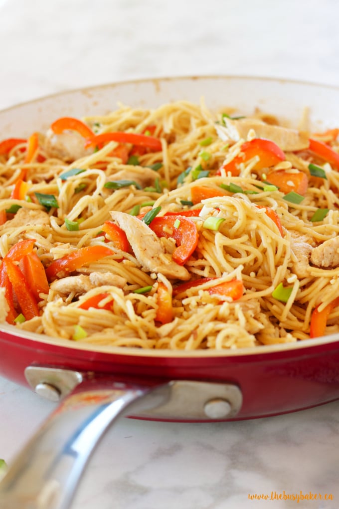 This Easy One Pan Kung Pao Chicken Pasta is a super easy Asian-inspired weeknight meal recipe that the whole family will love! And it's made with basic pantry staples and simple ingredients! Recipe from thebusybaker.ca!