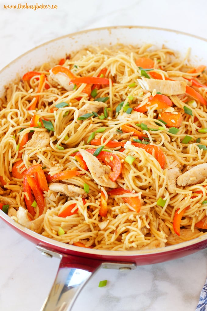 This Easy One Pan Kung Pao Chicken Pasta is a super easy Asian-inspired weeknight meal recipe that the whole family will love! And it's made with basic pantry staples and simple ingredients! Recipe from thebusybaker.ca!