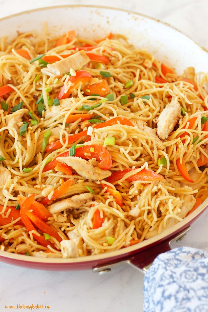 This Easy One Pan Kung Pao Chicken Pasta is a super easy Asian-inspired weeknight meal recipe that the whole family will love! And it's made with basic pantry staples and simple ingredients! Recipe from thebusybaker.ca!