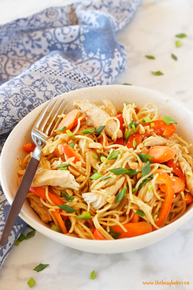 This Easy One Pan Kung Pao Chicken Pasta is a super easy Asian-inspired weeknight meal recipe that the whole family will love! And it's made with basic pantry staples and simple ingredients! Recipe from thebusybaker.ca!