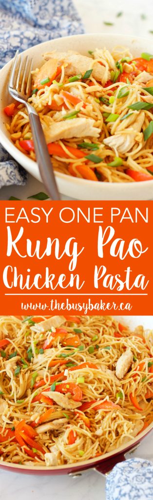 This Easy One Pan Kung Pao Chicken Pasta is a super easy Asian-inspired weeknight meal recipe that the whole family will love! And it's made with basic pantry staples and simple ingredients! Recipe from thebusybaker.ca!