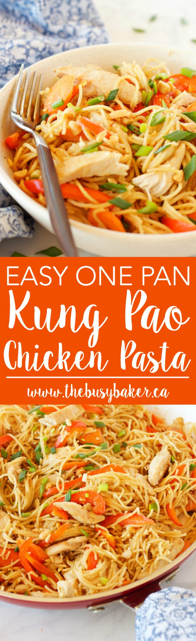 This Easy One Pan Kung Pao Chicken Pasta is a super easy Asian-inspired weeknight meal recipe that the whole family will love! And it's made with basic pantry staples and simple ingredients! thebusybaker.ca via @busybakerblog