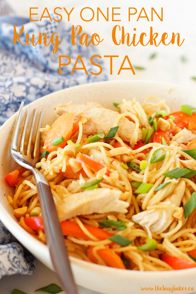 This Easy One Pan Kung Pao Chicken Pasta is a super easy Asian-inspired weeknight meal recipe that the whole family will love! And it's made with basic pantry staples and simple ingredients! Recipe from thebusybaker.ca!