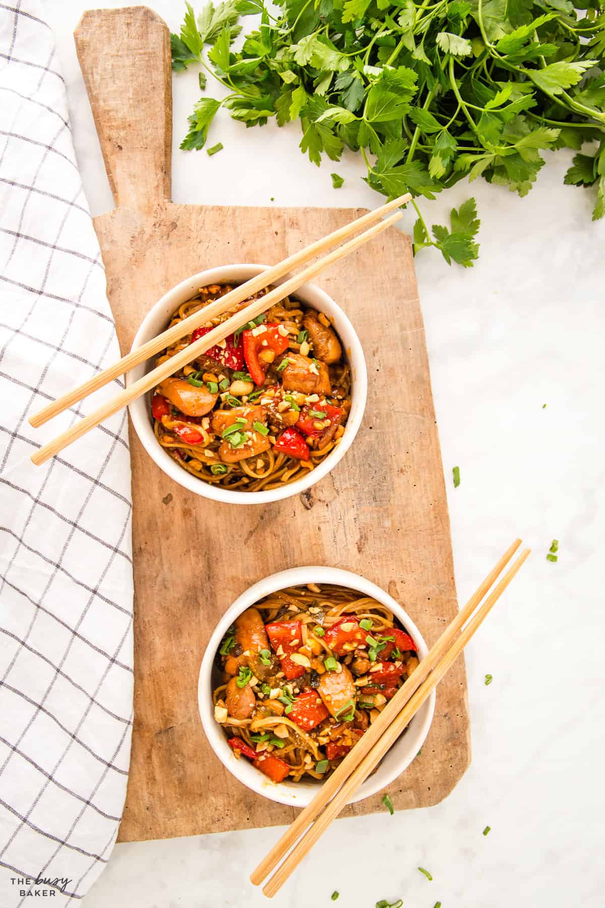 overhead image: bowls of kung pao chicken