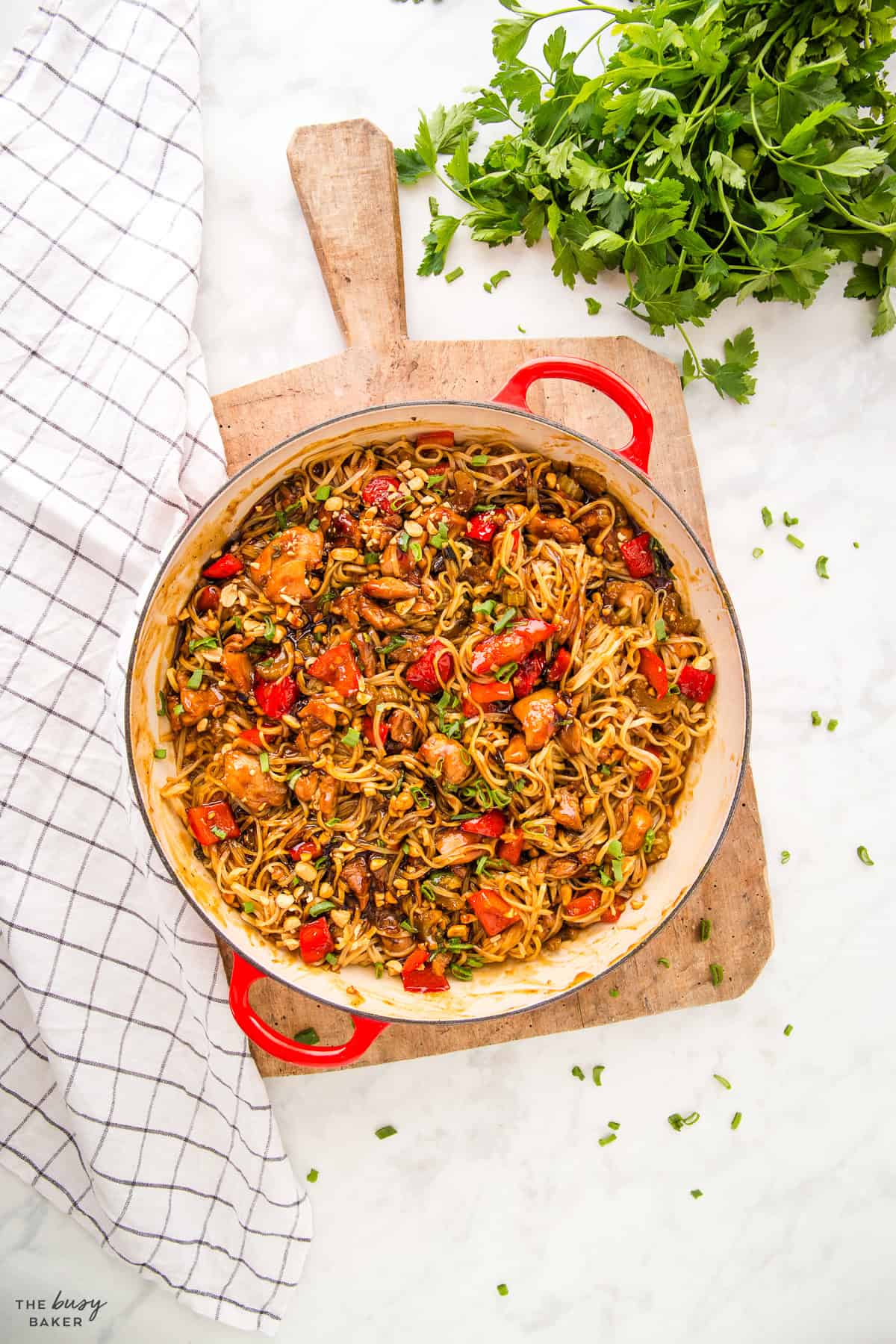 overhead image: kung pao chicken with noodles