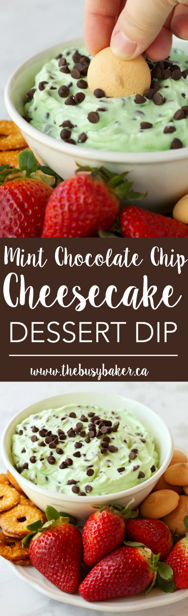 This Mint Chocolate Chip Cheesecake Dessert Dip is a perfect easy to make, healthier sweet treat for St. Patrick's Day, or any time of the year! Recipe from thebusybaker.ca!