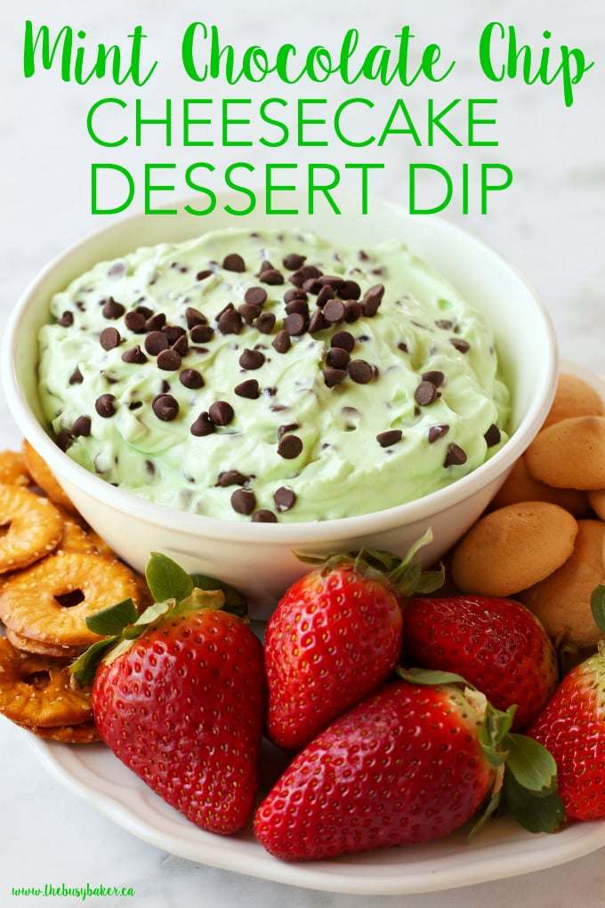 This Mint Chocolate Chip Cheesecake Dessert Dip is a perfect easy to make, healthier sweet treat for St. Patrick's Day, or any time of the year! Recipe from thebusybaker.ca!