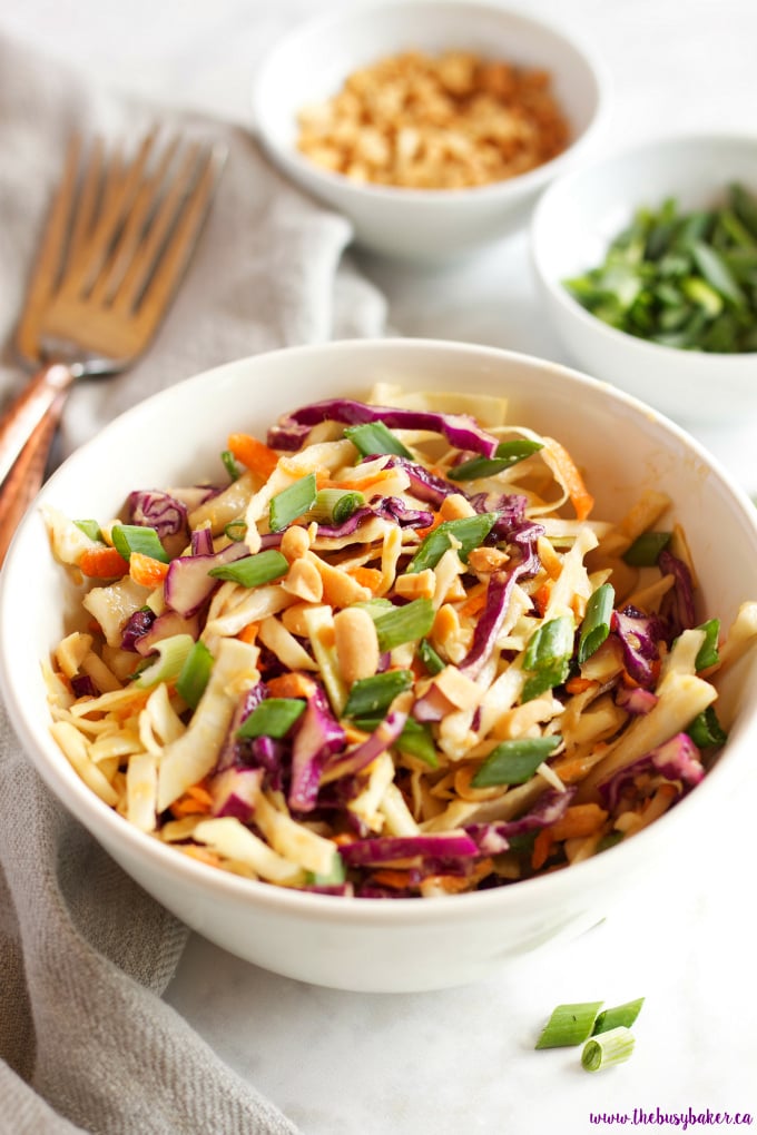 This Asian Cabbage Salad with Ginger Peanut Dressing is a healthy, easy to make Thai inspired side dish made from simple, wholesome ingredients! Recipe from thebusybaker.ca!