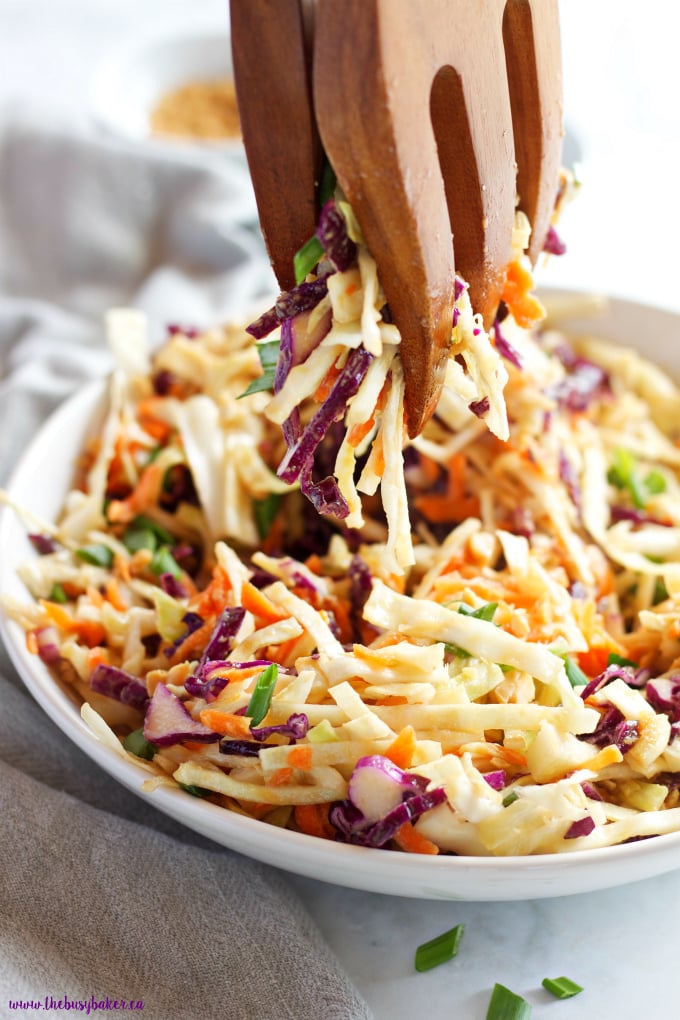 This Asian Cabbage Salad with Ginger Peanut Dressing is a healthy, easy to make Thai inspired side dish made from simple, wholesome ingredients! Recipe from thebusybaker.ca!