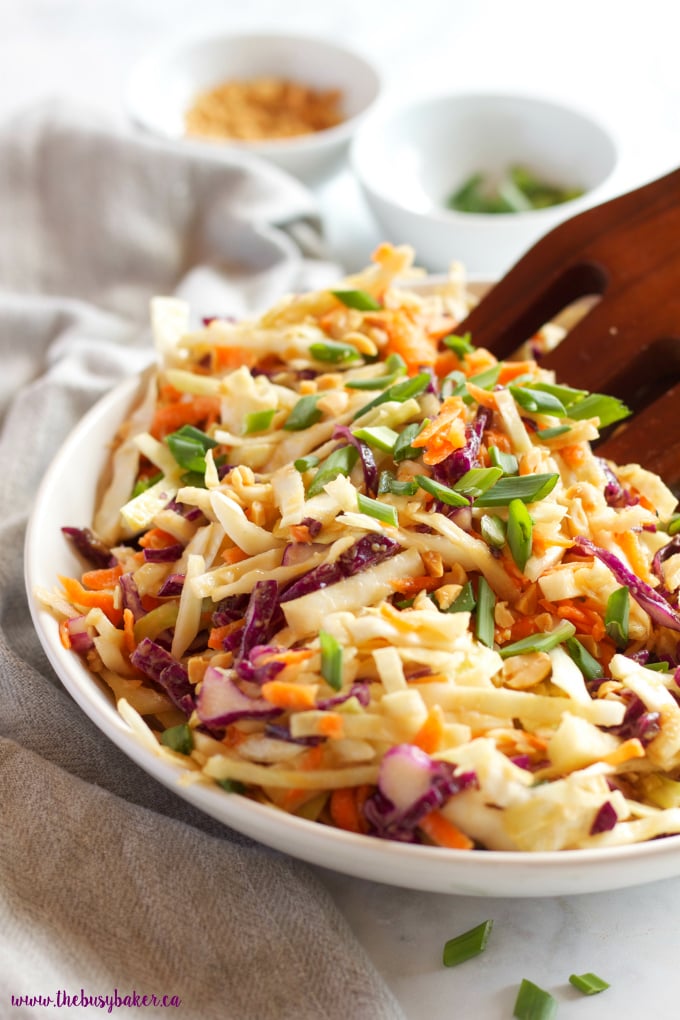 This Asian Cabbage Salad with Ginger Peanut Dressing is a healthy, easy to make Thai inspired side dish made from simple, wholesome ingredients! Recipe from thebusybaker.ca!