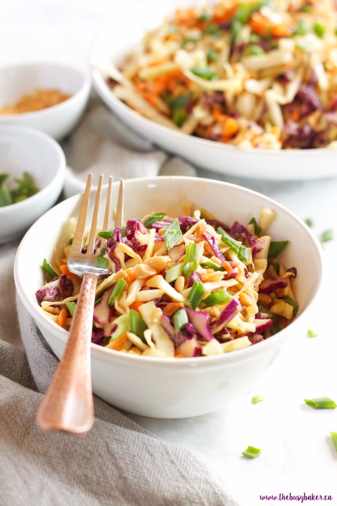 This Asian Cabbage Salad with Ginger Peanut Dressing is a healthy, easy to make Thai inspired side dish made from simple, wholesome ingredients! Recipe from thebusybaker.ca!