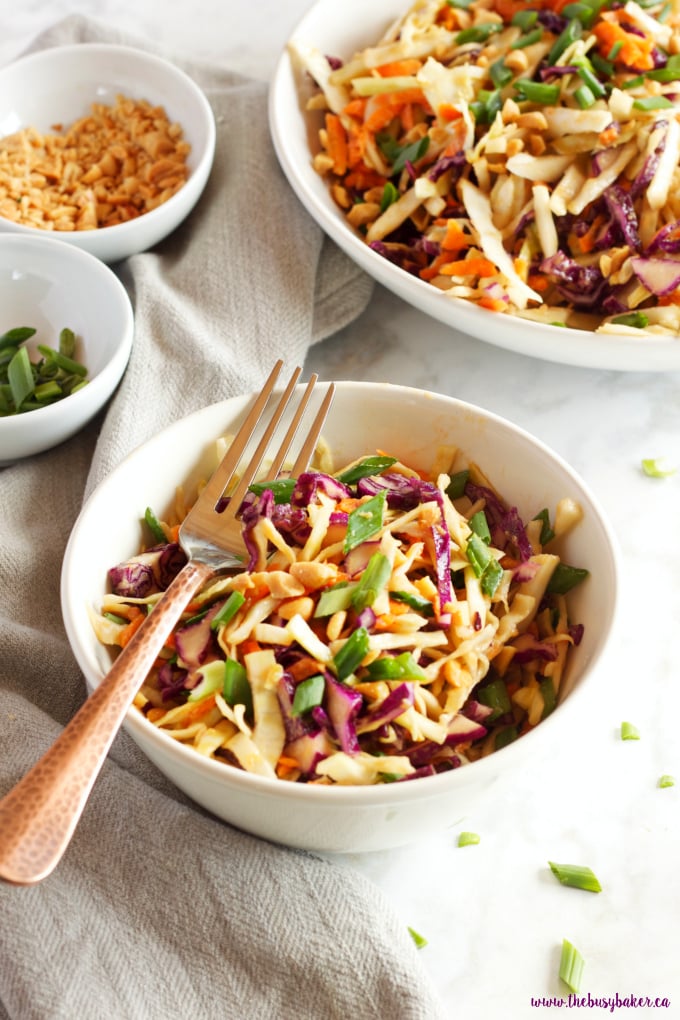 This Asian Cabbage Salad with Ginger Peanut Dressing is a healthy, easy to make Thai inspired side dish made from simple, wholesome ingredients! Recipe from thebusybaker.ca!