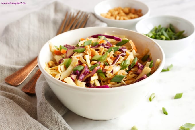 This Asian Cabbage Salad with Ginger Peanut Dressing is a healthy, easy to make Thai inspired side dish made from simple, wholesome ingredients! Recipe from thebusybaker.ca!