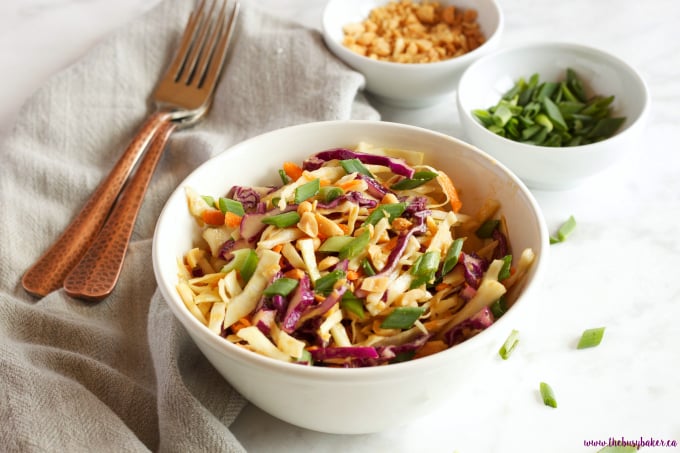 This Asian Cabbage Salad with Ginger Peanut Dressing is a healthy, easy to make Thai inspired side dish made from simple, wholesome ingredients! Recipe from thebusybaker.ca!