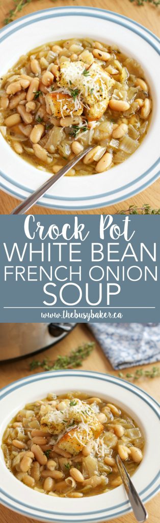 This Crock Pot White Bean French Onion Soup is a super easy twist on French Onion Soup that's vegetarian and made in the slow cooker! Recipe from thebusybaker.ca!