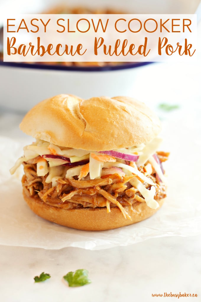 These Easy Slow Cooker Barbecue Pulled Pork Sandwiches feature a super easy 3-ingredient Slow Cooker Pulled Pork with an easy homemade coleslaw! Recipe from thebusybaker.ca!
