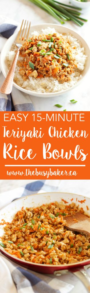 These Easy Teriyaki Chicken Rice Bowls make the perfect weeknight meal - on the table in 15 minutes! Recipe from thebusybaker.ca!