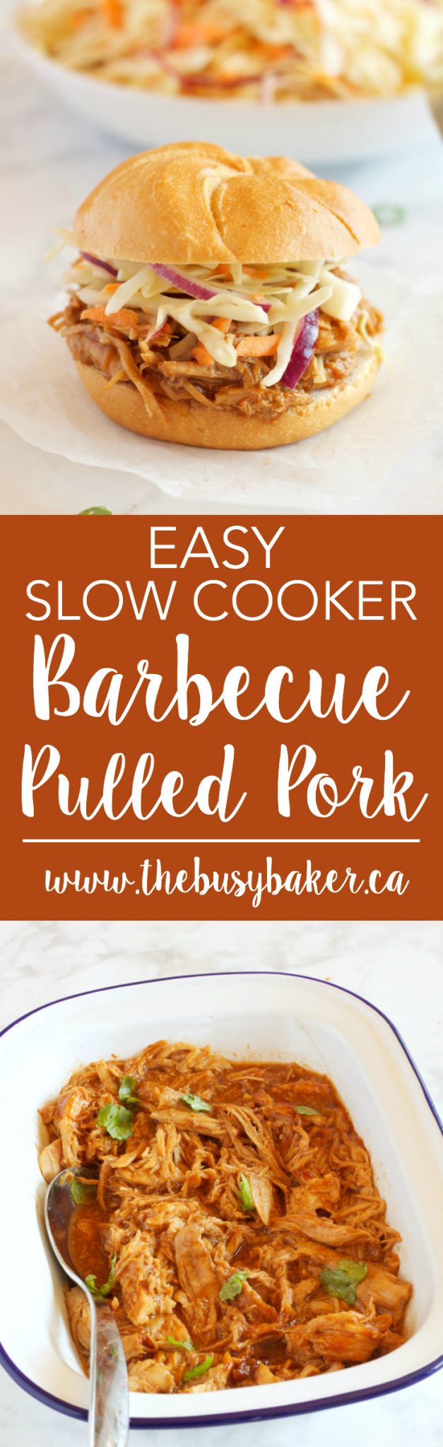 These Easy Slow Cooker Barbecue Pulled Pork Sandwiches feature a super easy 3-ingredient Slow Cooker Pulled Pork with an easy, healthy homemade coleslaw! Recipe from thebusybaker.ca! via @busybakerblog