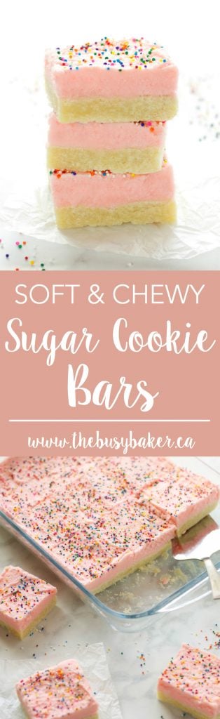 These Soft and Chewy Sugar Cookie Bars are the perfect kid-friendly dessert made with a tender sugar cookie base topped with fluffy frosting and sprinkles! Recipe from thebusybaker.ca!