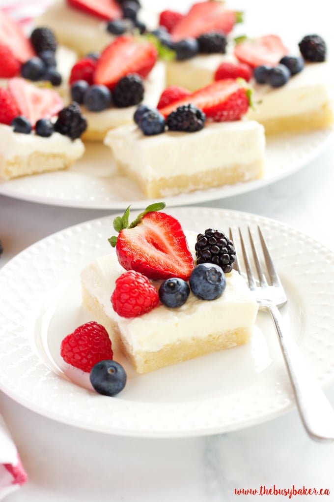 These Berry Cheesecake Sugar Cookie Bars make the perfect dessert for spring and summer featuring a cookie base, creamy cheesecake and fresh berries! Recipe from thebusybaker.ca!