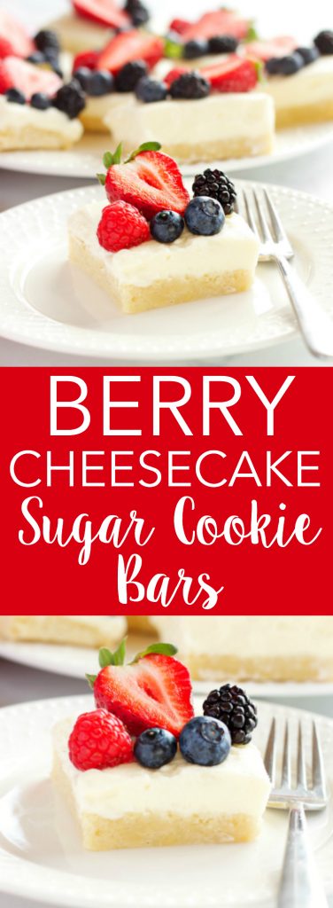 These Berry Cheesecake Sugar Cookie Bars make the perfect dessert for spring and summer featuring a cookie base, creamy cheesecake and fresh berries! Recipe from thebusybaker.ca!