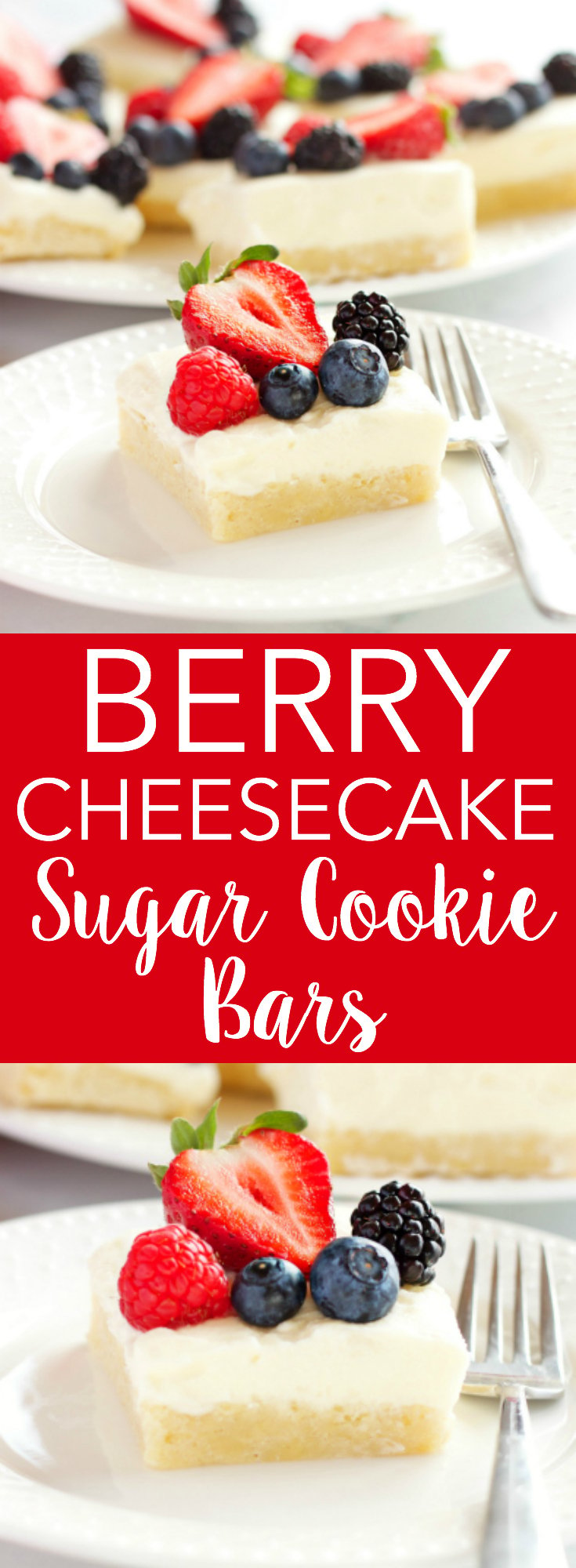 These Berry Cheesecake Sugar Cookie Bars make the perfect dessert for spring and summer featuring a cookie base, creamy cheesecake and fresh berries! Recipe from thebusybaker.ca! via @busybakerblog