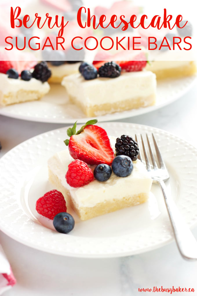 These Berry Cheesecake Sugar Cookie Bars make the perfect dessert for spring and summer featuring a cookie base, creamy cheesecake and fresh berries! Recipe from thebusybaker.ca!