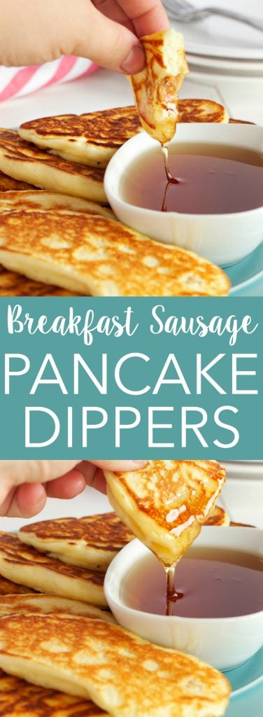 These Breakfast Sausage Buttermilk Pancake Dippers are the perfect breakfast finger food! Recipe from thebusybaker.ca!