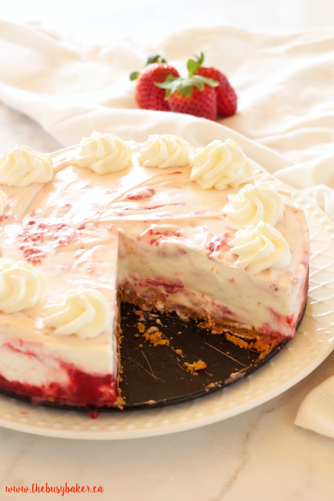 This Easy No Bake Strawberry Swirl Cheesecake is a delicious, easy to make, creamy and smooth dessert for spring and summer! And it's gelatin-free! Recipe from thebusybaker.ca!