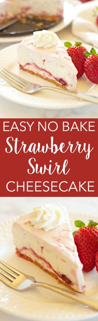 This Easy No Bake Strawberry Swirl Cheesecake is a delicious, easy to make, creamy and smooth dessert for spring and summer! And it's gelatin-free! Recipe from thebusybaker.ca!