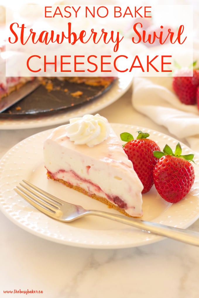 This Easy No Bake Strawberry Swirl Cheesecake is a delicious, easy to make, creamy and smooth dessert for spring and summer! And it's gelatin-free! Recipe from thebusybaker.ca!