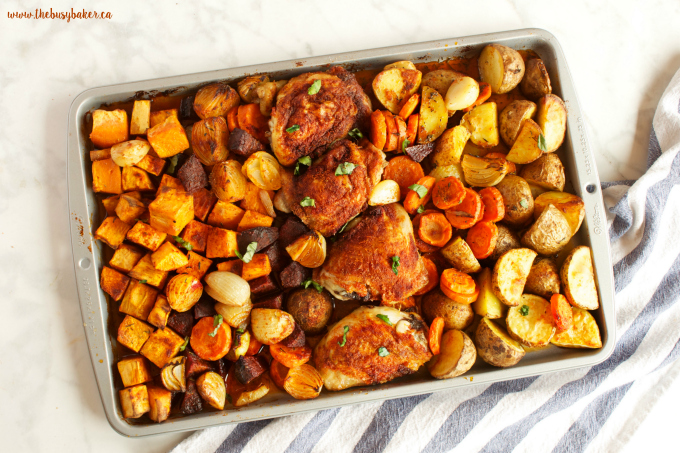overhead image: paprika chicken recipe with vegetables