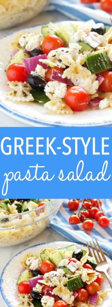 This Quick and Easy Greek Pasta Salad is the perfect easy summer side dish recipe made from healthy ingredients, and bursting with authentic Greek flavors! Recipe from thebusybaker.ca!