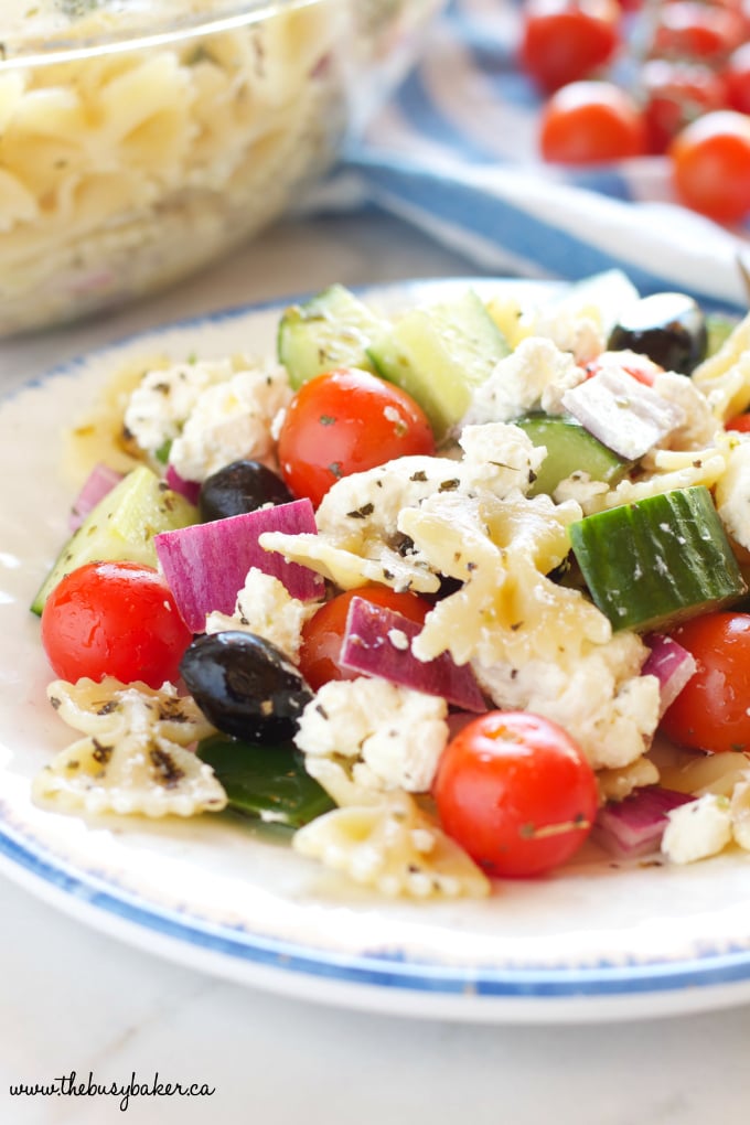 This Quick and Easy Greek Pasta Salad is the perfect easy summer side dish recipe made from healthy ingredients, and bursting with authentic Greek flavors! Recipe from thebusybaker.ca!