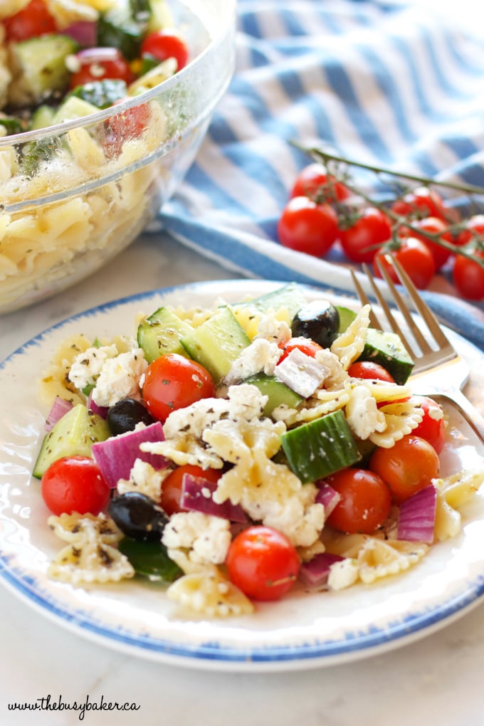 This Quick and Easy Greek Pasta Salad is the perfect easy summer side dish recipe made from healthy ingredients, and bursting with authentic Greek flavors! Recipe from thebusybaker.ca!