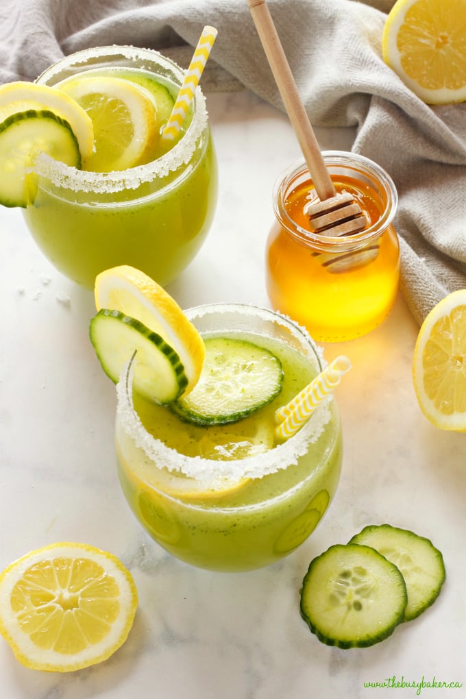 overhead image: glass with cucumber lemonade 