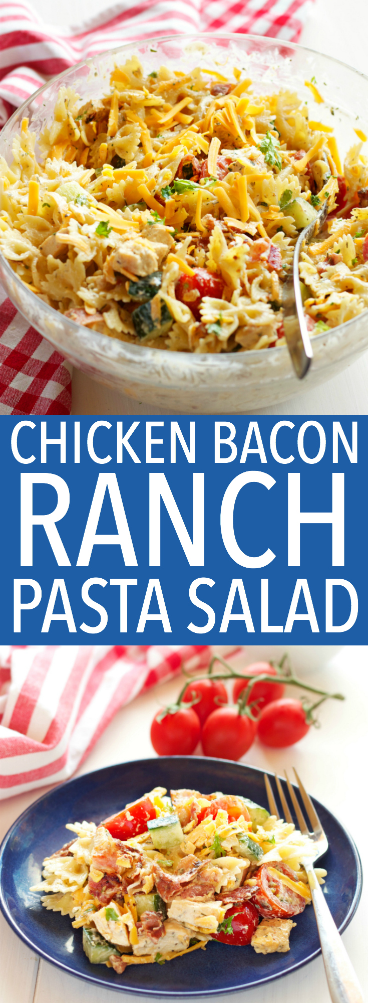 This Chicken Bacon Ranch Pasta Salad is the perfect summer pasta salad featuring grilled chicken, crispy bacon, veggies and creamy ranch dressing! Recipe from thebusybaker.ca via @busybakerblog