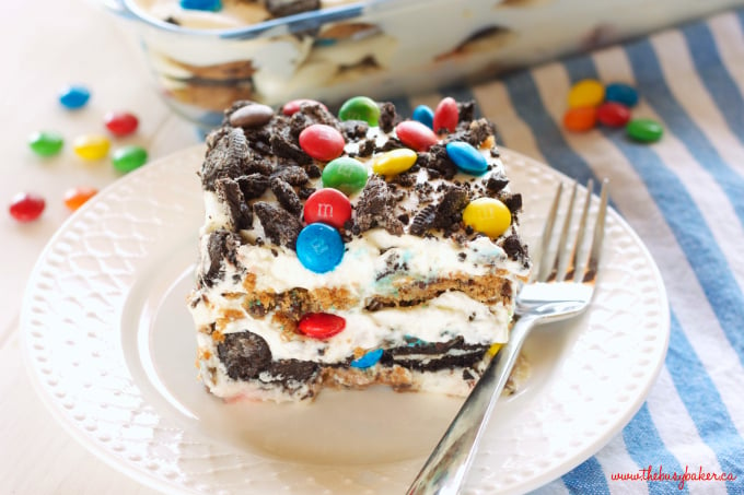 This No Bake Monster Cookie Icebox Cake is easy to make and kid-friendly, featuring cookies, candy coated chocolate, and a sweet, creamy filling! Recipe from thebusybaker.ca!