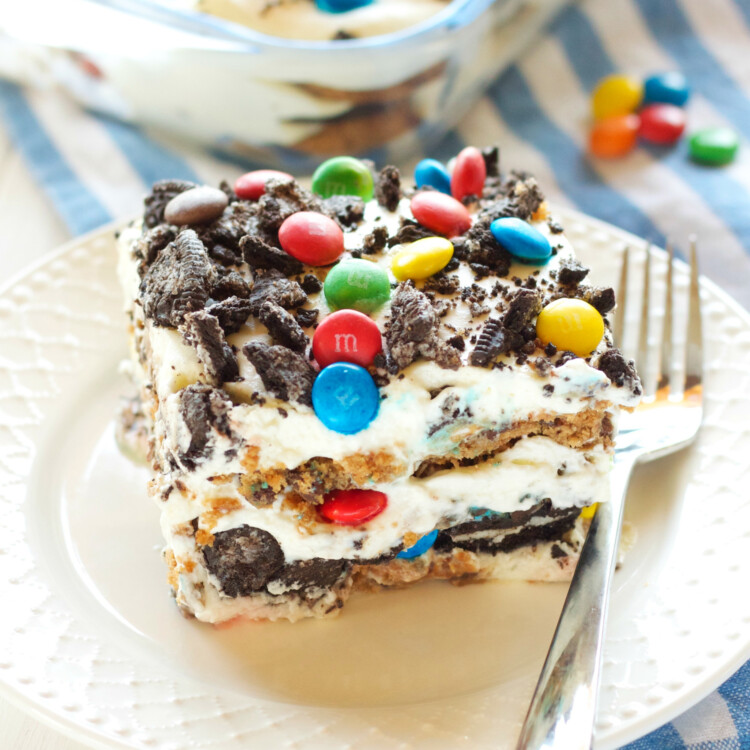 This No Bake Monster Cookie Icebox Cake is easy to make and kid-friendly, featuring cookies, candy coated chocolate, and a sweet, creamy filling! Recipe from thebusybaker.ca!