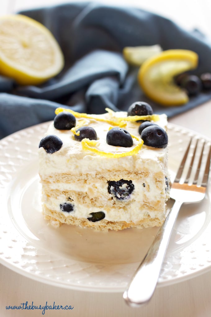 This No Bake Lemon Blueberry Icebox Cake is the perfect summer dessert made from only 5 simple ingredients, featuring a creamy, sweet lemon filling and fresh, juicy blueberries! Recipe from thebusybaker.ca!