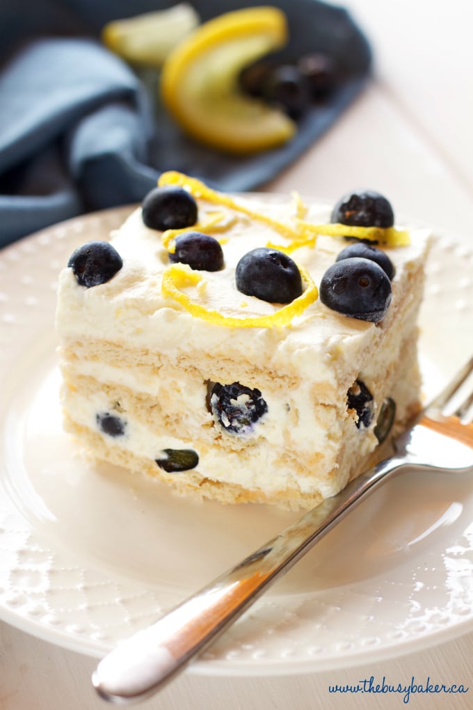 This No Bake Lemon Blueberry Icebox Cake is the perfect summer dessert made from only 5 simple ingredients, featuring a creamy, sweet lemon filling and fresh, juicy blueberries! Recipe from thebusybaker.ca!